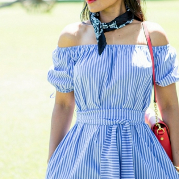 Zara Dresses & Skirts - Zara Blue Striped Off Shoulder Dress Large